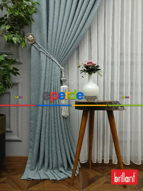 Yatak Odası - Brillant Keten Açık Havai Mavi Renk Düz Fon Perde - Mavi Doymamış-mint