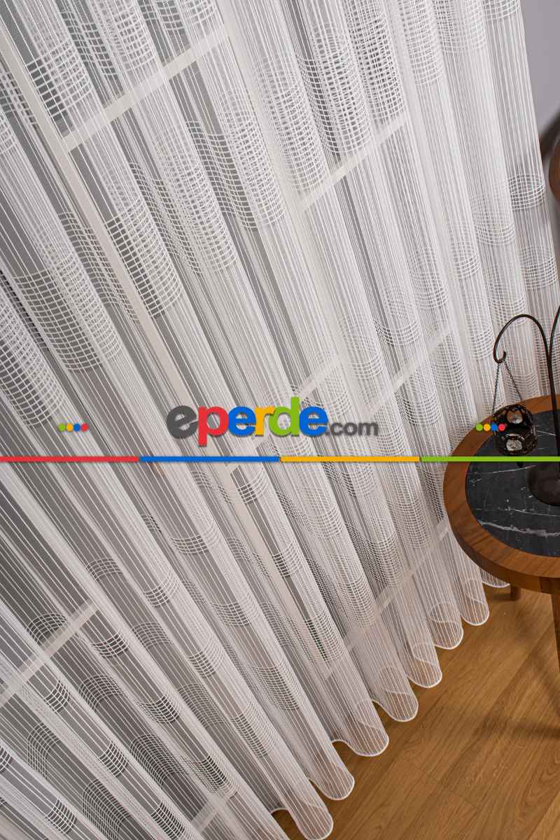 Mutfak - Zincir Çizgili Tül Perde - Ekru