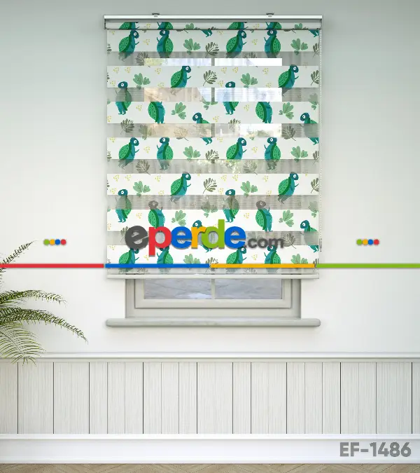 Bebek Odası Zebra Perde - Kaplumbağa Desenli Baskılı Zebra Perde- Yeşil