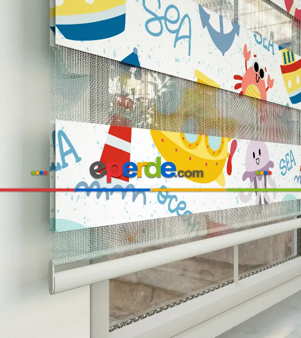 Bebek Odası Zebra Perde - Deniz Temalı Baskılı Zebra Perde- Çok Renkli