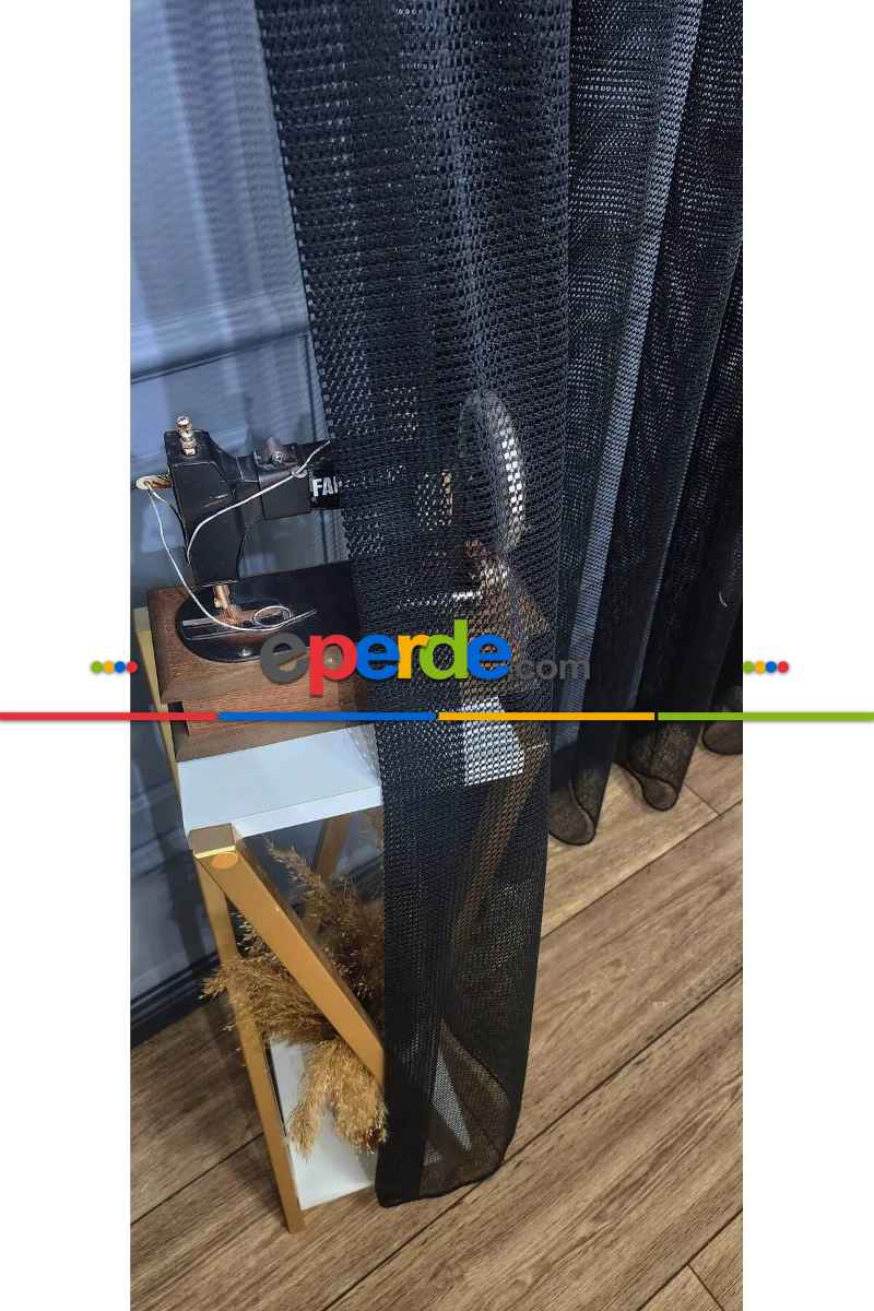 Siyah Renk Fileli Tül Perde Ofis Büro Mutfak Tül Perde