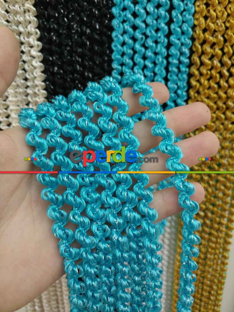 Mutfak İp Perde - Açık Mavi Rengi İp Perde Duble Bukle Serisi- Mavi-gümüş