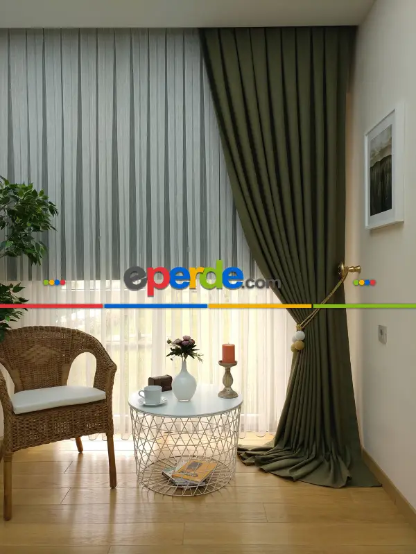 Keten Koyu Haki Yeşil Renk Düz Fon Perde - Haki