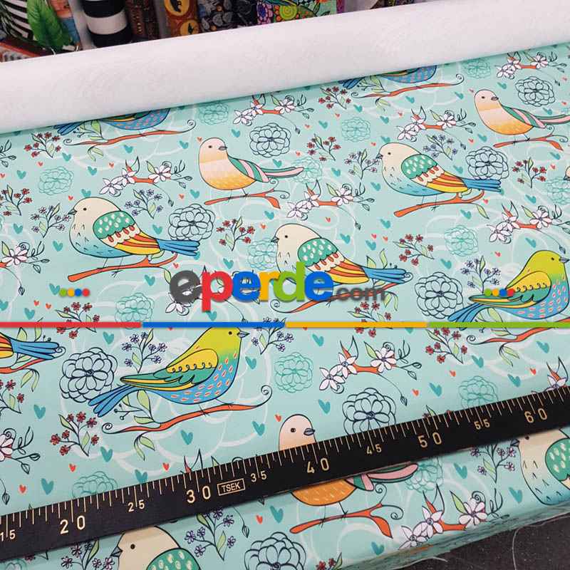 Kuş Desenli Fon Perde Evm1087-3 Kumaşı Kalındır Duck Bezi Değildir- Beyaz-Mavi Açık