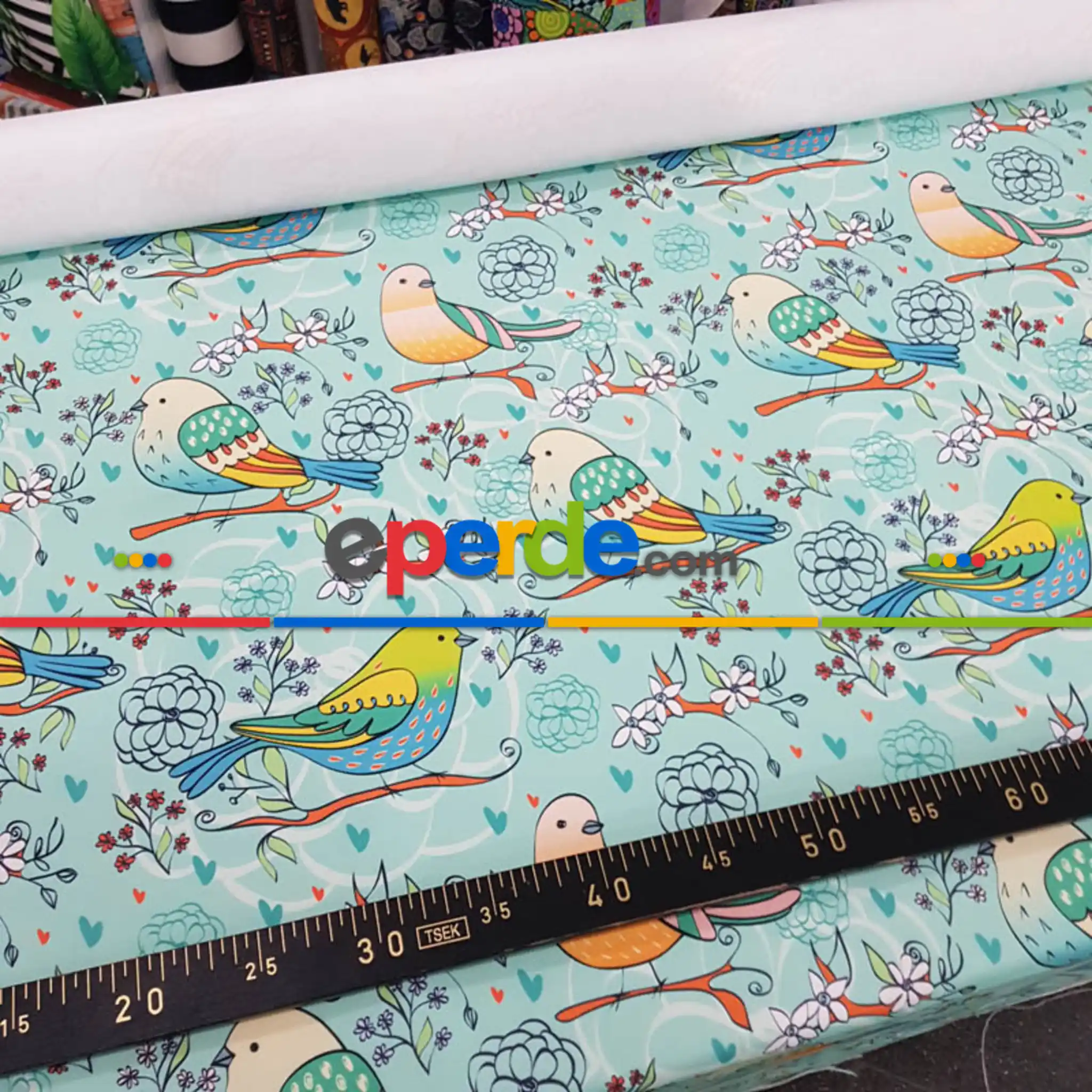 Kuş Desenli Fon Perde Evm1087-3 Kumaşı Kalındır Duck Bezi Değildir- Beyaz-Mavi Açık