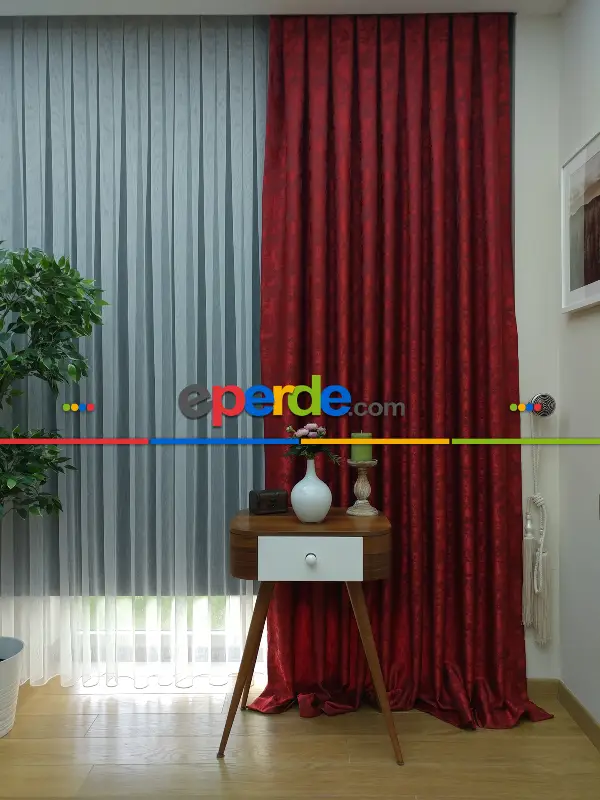 Kırmızı Bordo Renk Jakar Desenli Fon Perde - Bordo