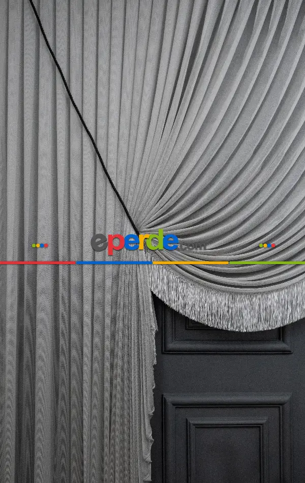 Salon - İki Renkli Yalancı Kruvaze - Tülden Fon - Halat İle Yana Toplamalı Tül - Kordon Toplama Tül - Çift Veya Tek Kanat - Püsküllü - Gri Ve Ekru Zemin, Siyah Ve Ekru Saçak Kombini