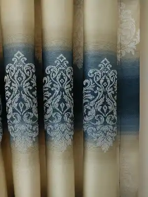 Renk Geçişli Jakar Desenli Salon Fon Perdesi - Lacivert - Mavi - Bej( Kendinden Saçaklı)- Lacivert-mavi-bej