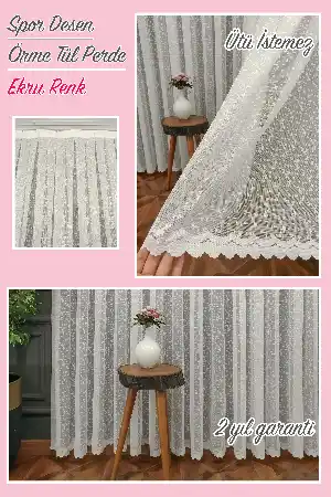 Modern Spor Desen Fransız Dantel Tül Perde 1586- Ekru