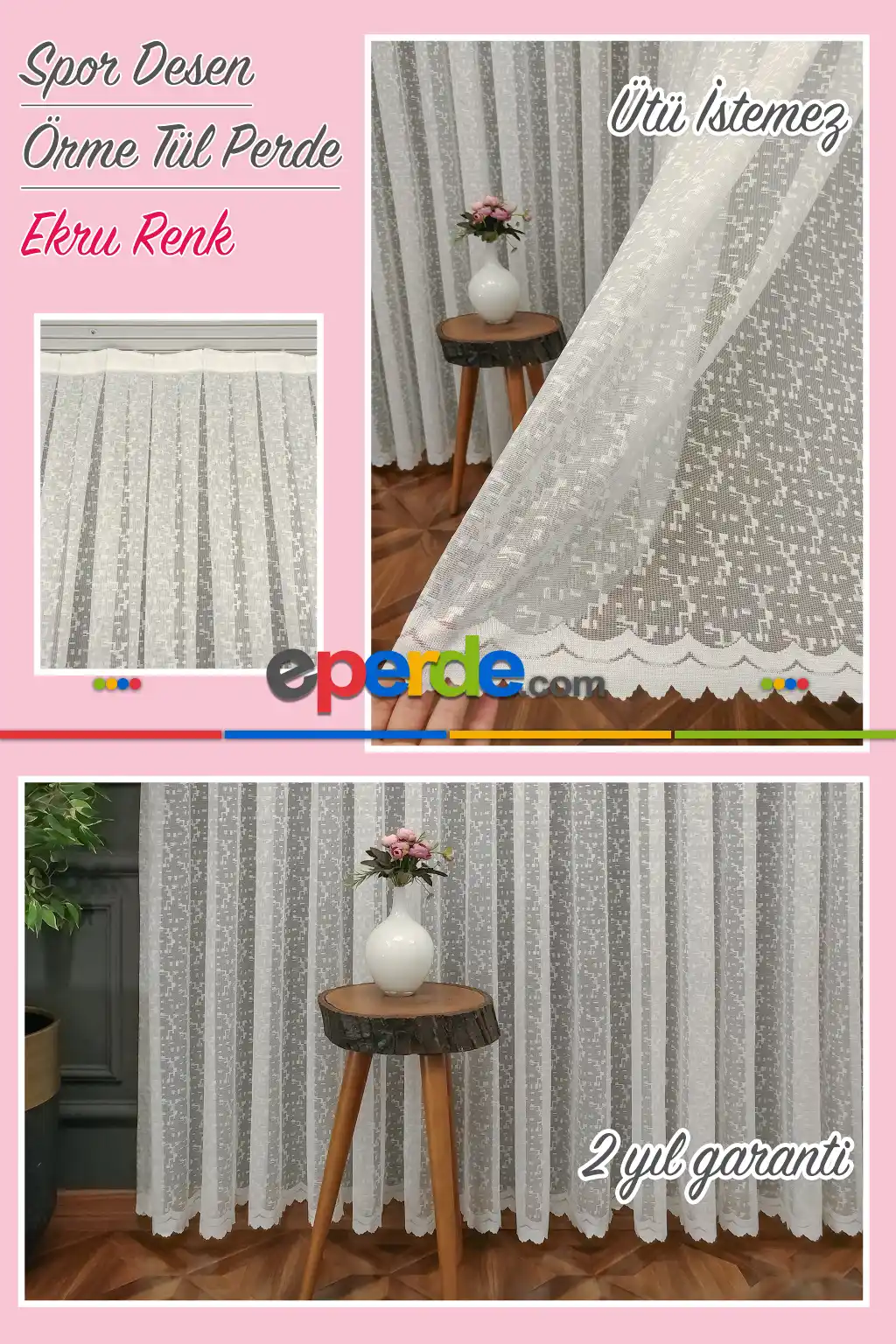Modern Spor Desen Fransız Dantel Tül Perde 1586- Ekru
