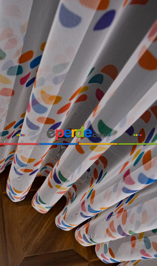 Petek Zemin Turuncu Ve Lacivert Renkli Geometrik Desenli Grek Baskılı Tül Perde