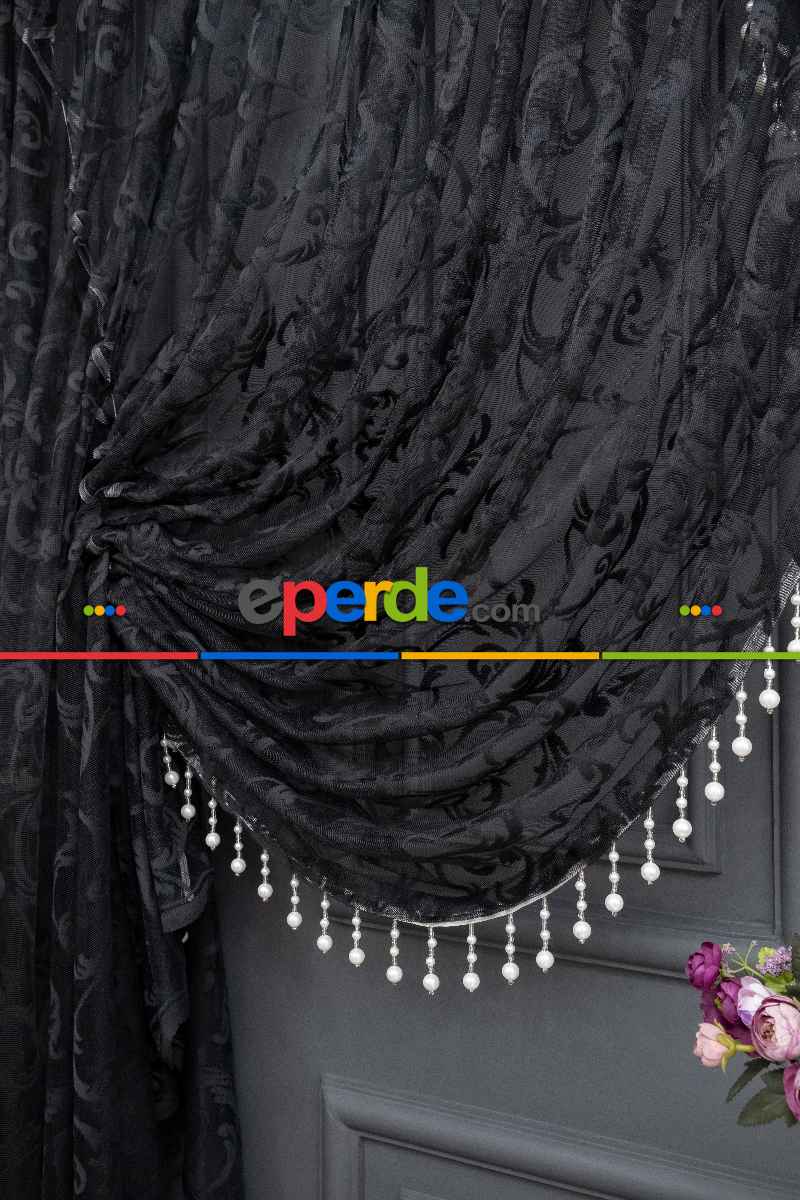 Siyah Sarmaşık Desen Tül Kruvaze Tül Perde Yanki Tül