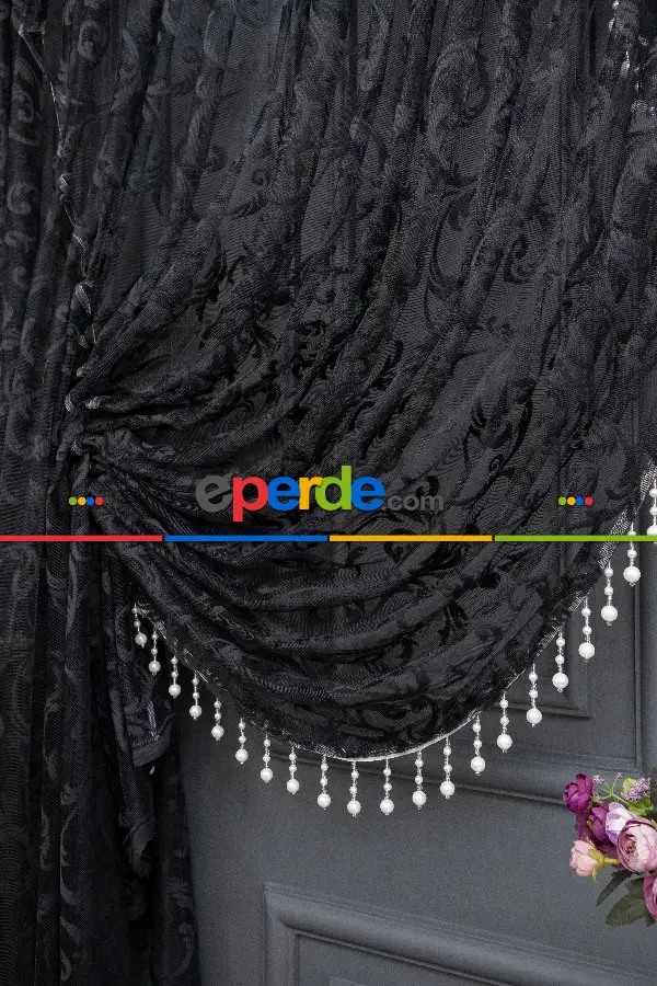Siyah Sarmaşık Desen Tül Kruvaze Tül Perde Yanki Tül