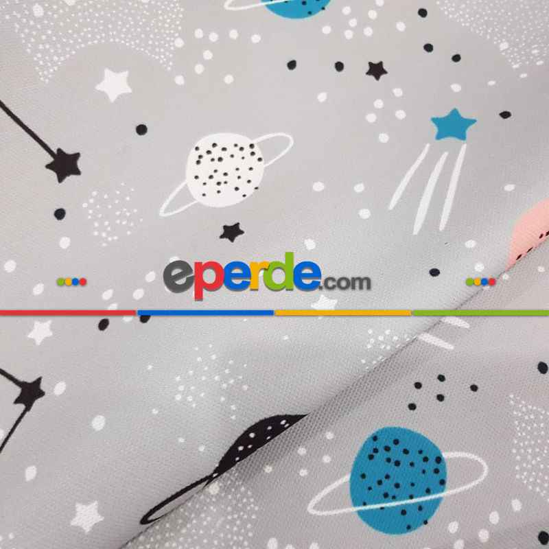 Uzay Gezegen Desenli Fon Perde Evm497 Kumaşı Kalındır Duck Bezi Değildir- Siyah- Çok Renkli 3