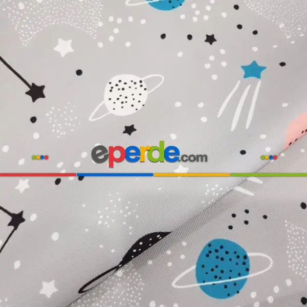Uzay Gezegen Desenli Fon Perde Evm497 Kumaşı Kalındır Duck Bezi Değildir- Siyah- Çok Renkli 3