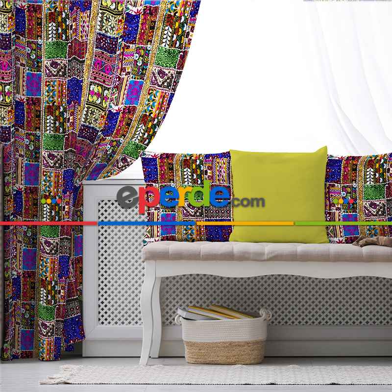 Etnik Kilim Desenli Fon Perde Evim553 Kumaşı Kalındır Duck Bezi Değildir- Mavi-beyaz