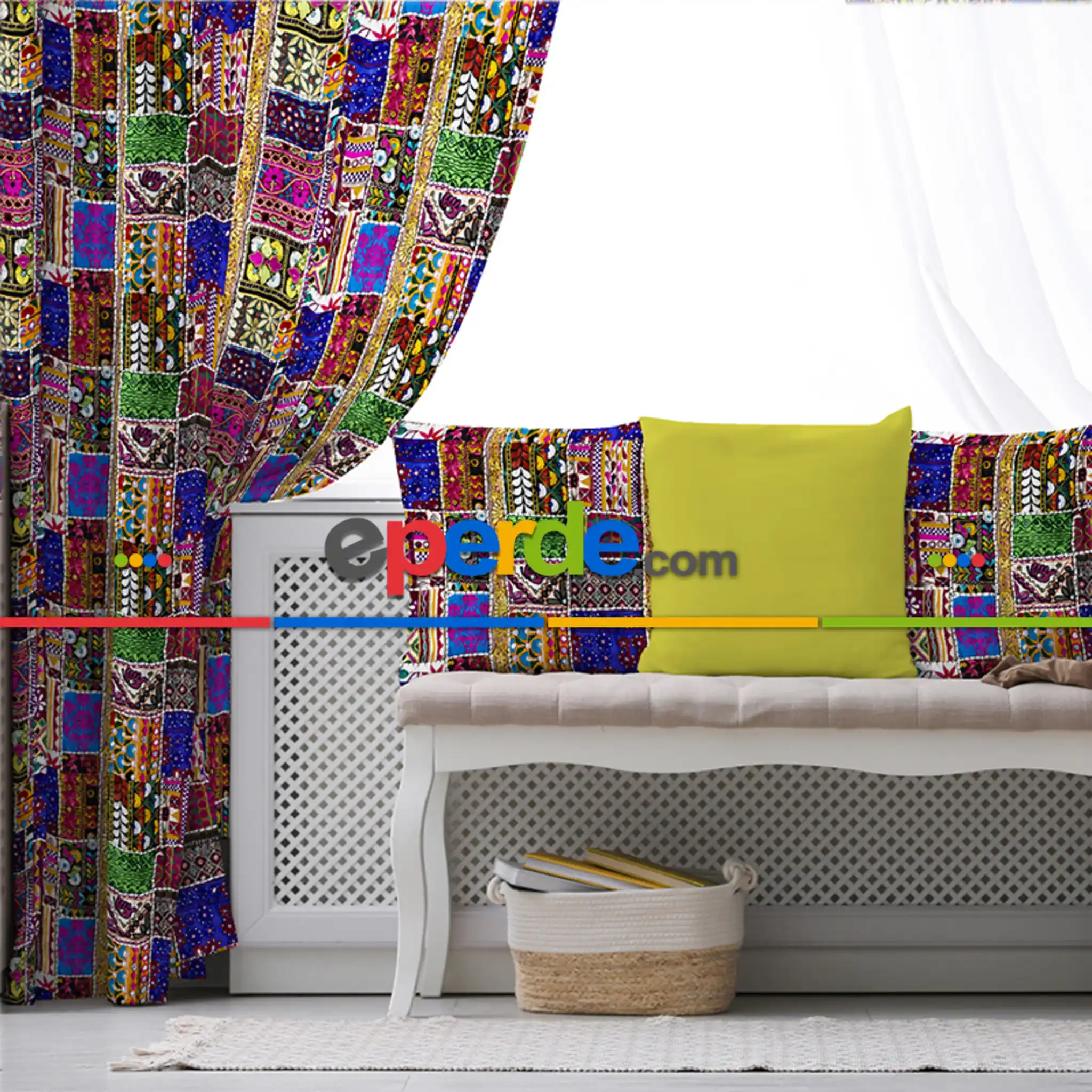 Etnik Kilim Desenli Fon Perde Evim553 Kumaşı Kalındır Duck Bezi Değildir- Mavi-beyaz