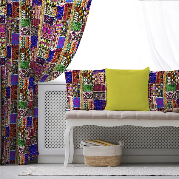 Etnik Kilim Desenli Fon Perde Evim553 Kumaşı Kalındır Duck Bezi Değildir- Mavi-beyaz