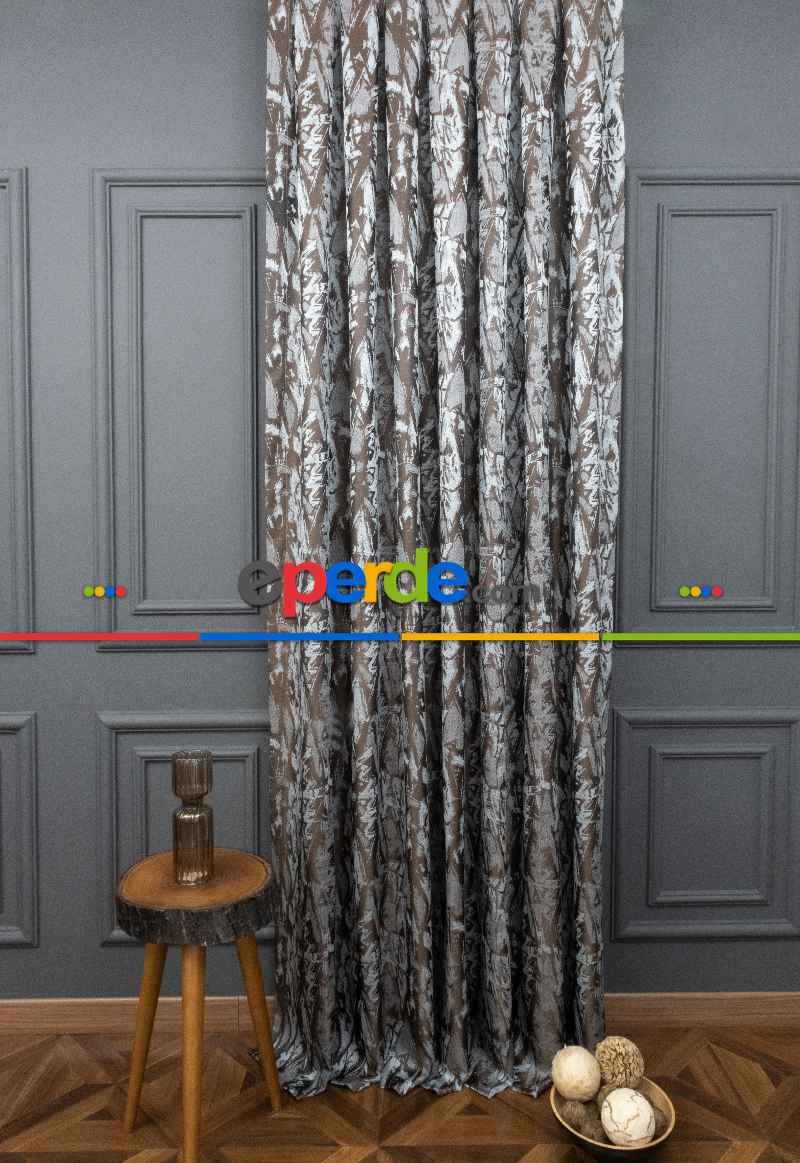 Evce Jakar Dokuma Fon Perde Zemin Kahve (açık Mavi) Desen