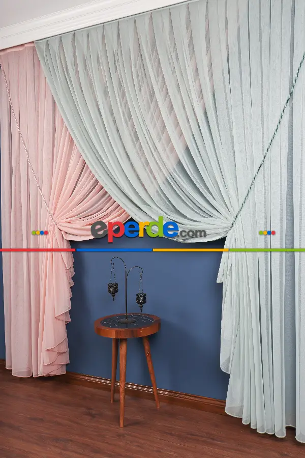 Salon Tül - Pudra - Mint Renkli Krevize Düz Tül Perde ( Kordon Hediyeli )