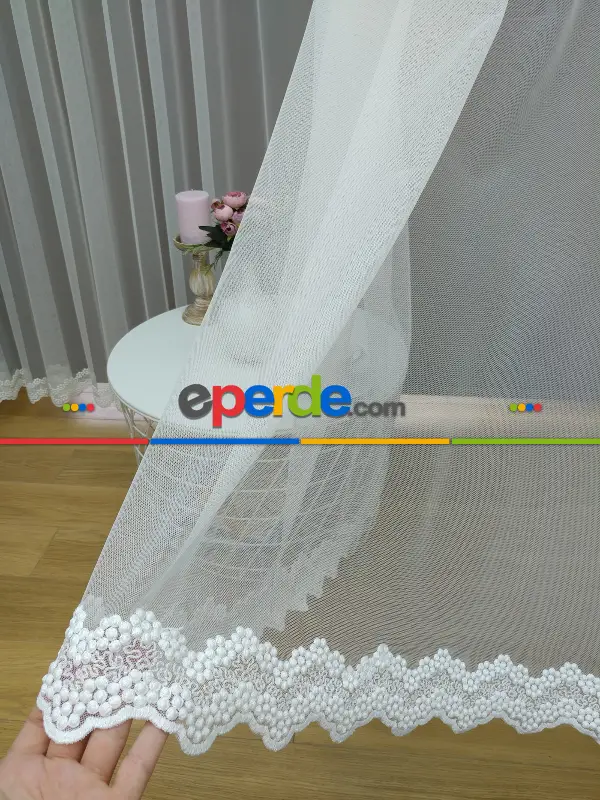 Ekru Tül Perde Etek Ucu Nakış İşlemeli Grek Düz Zemin- Ekru