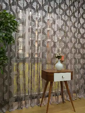 Damask Desenli Floş Örme Tül Perde- Siyah-Gri-Füme-Antrasit