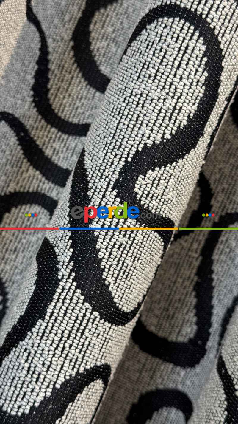 Ekru Jakar Dokuma Fon Perde Siyah
