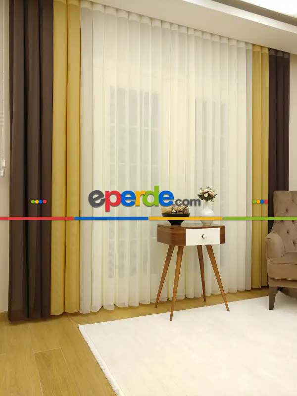 Tül Dikey Zebra Perde, 20 Renk- Kahverengi-Krem-Hardal Sarısı