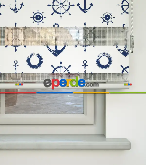 Çapa Baskılı Zebra Perde- Mavi-beyaz