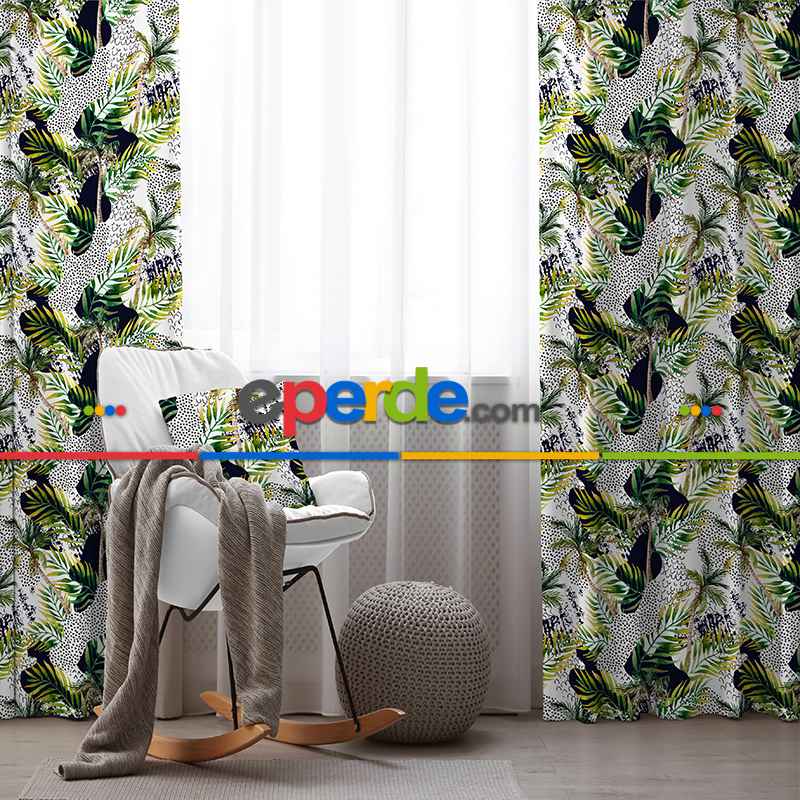 Tropik Desenli Fon Perde Evim584 Kumaşı Kalındır Duck Bezi Değildir- Mavi-beyaz