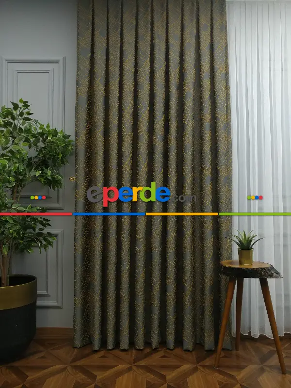 Jakar Desenli Fon Perde- Füme-hardal Sarısı