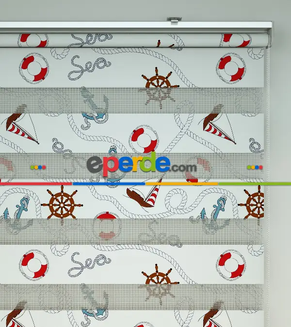 Bebek Odası Zebra Perde - Deniz Feneri Baskılı Zebra Perde- Gri-Füme-Antrasit-Kırmızı-Beyaz-Kahve