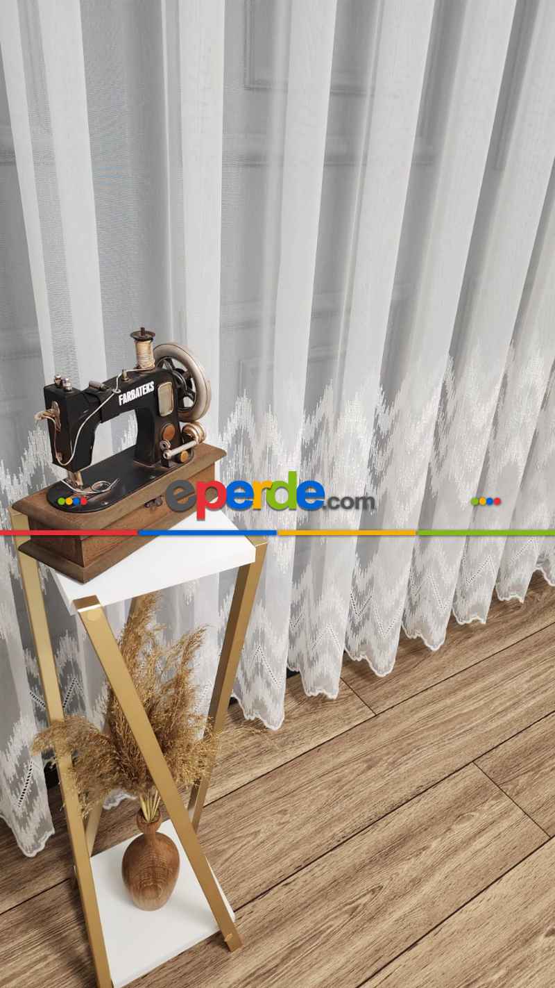 Salon - Taç Etek Geniş Ritim Model Desenli Kırışmaz Ütü İstemez Keten Tül Perde