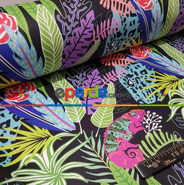 Tropikal Desenli Fon Perde Evm332 -t - Kumaşı Kalındır Duck Bezi Değildir.- Siyah-Yeşil-Mavi-Mor-Çok Renkli