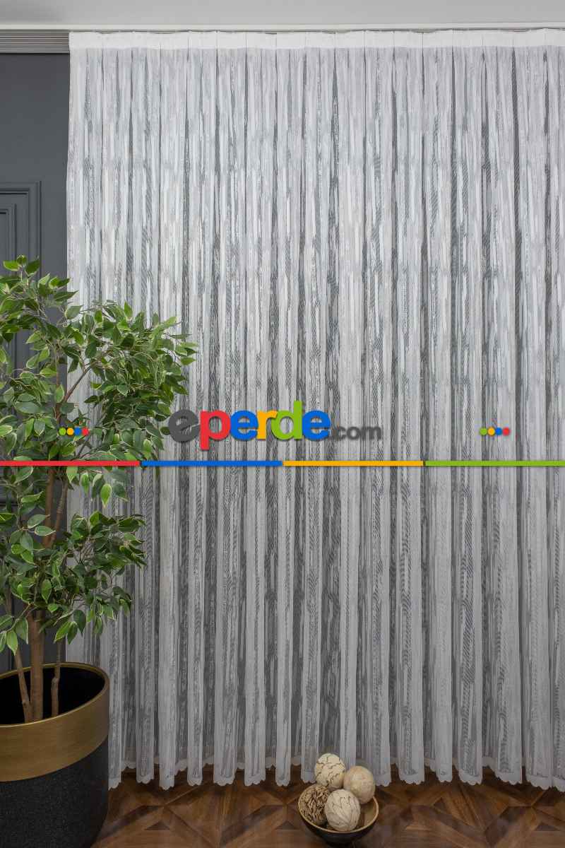 Oturma Odası - Çizgili Modern Desen Örme Tül - Ekru