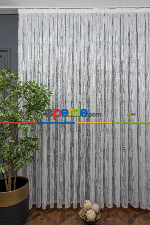 Çizgili Modern Desen Örme Tül - Ekru