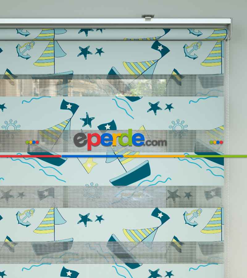 Çocuk Odası Zebra Perde - Gemi Desenli Baskılı Zebra Perde- Çok Renkli