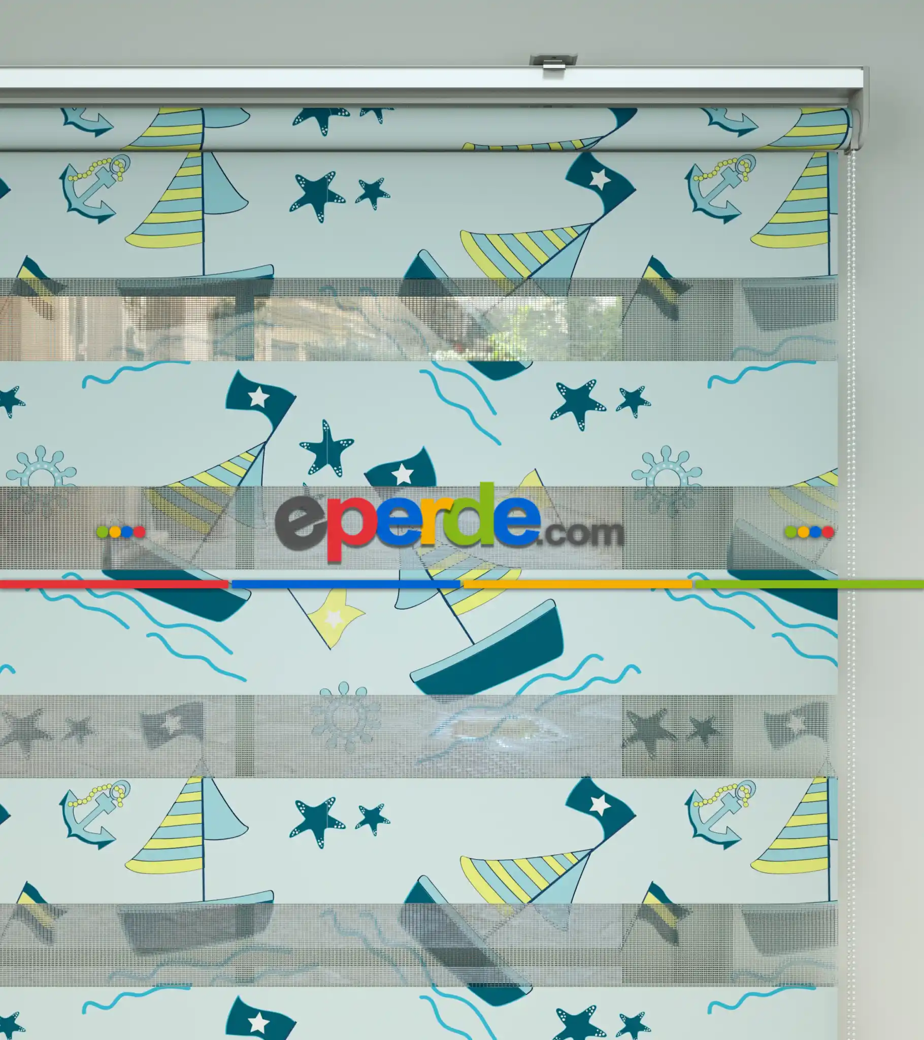 Bebek Odası Zebra Perde - Gemi Desenli Baskılı Zebra Perde- Çok Renkli