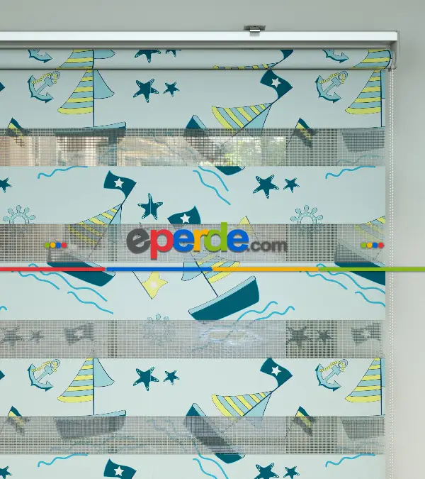 Bebek Odası Zebra Perde - Gemi Desenli Baskılı Zebra Perde- Çok Renkli