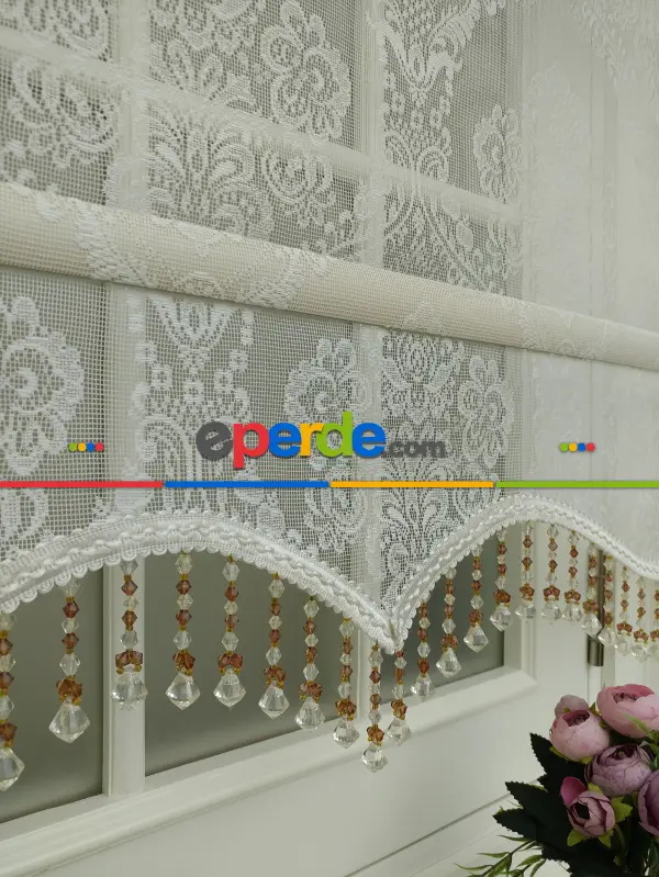 Brillant Çiftli Sistem Tül Ve Stor Perde - Büyük Damask Ekru Renk - Mekanik Perde