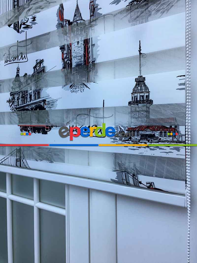 Zebra Perde- İstanbul Baskılı Zebra Perde- Siyah-kırmızı