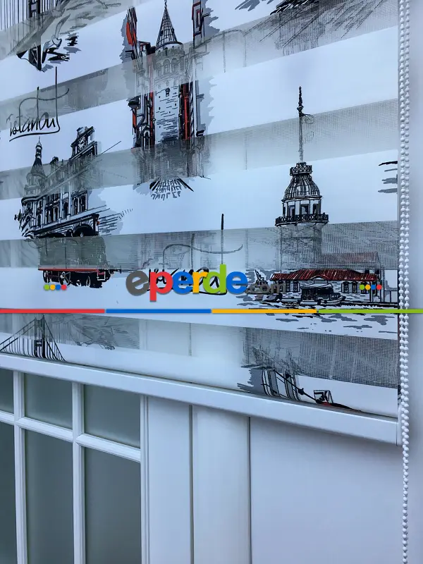 Mutfak - Zebra Perde- İstanbul Baskılı Zebra Perde- Siyah-kırmızı-beyaz