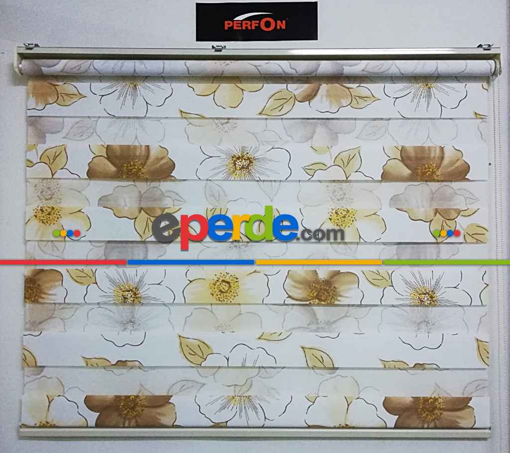 Çiçek Desenli Zebra Perde Hardal- Sarı-beyaz-hardal