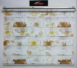 Çiçek Desenli Zebra Perde Hardal- Sarı-beyaz-hardal