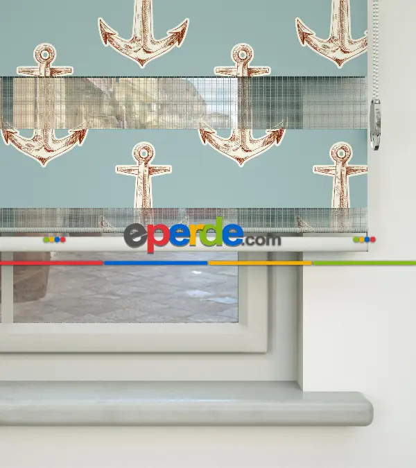 Bebek Odası Zebra Perde - Çapa Desen Baskılı Zebra Perde- Mavi-Kahverengi