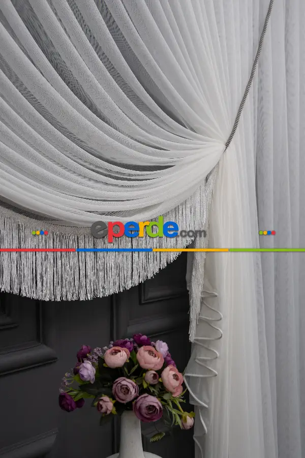 Hafif Keten Yalancı Kruvaze - Tülden Fon - Halat İle Yana Toplamalı Tül - Kordon Toplama Tül - Çift Veya Tek Kanat - Aksesuar İlave Ücretlidir - Kurşunlu Tül