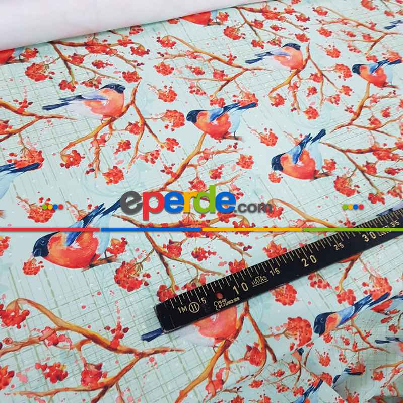 Kuş Ve Çiçek Desenli Fon Perde Evm828 Kumaşı Kalındır Duck Bezi Değildir- Beyaz