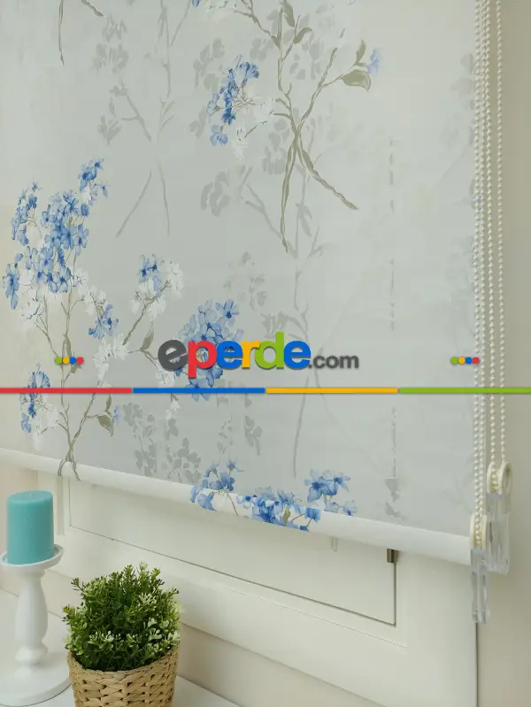 Desenli Mutfak Stor Perde- Mavi