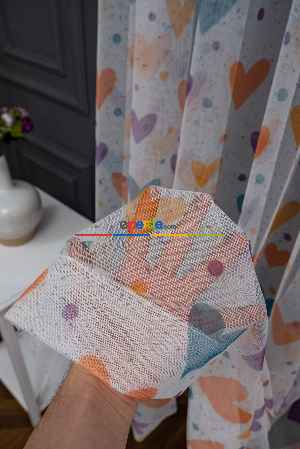 Hazır Ölçülü Petek Zemin Turuncu Ve Mavi Renkli Kalpler - Puantiye Desenli Grek Baskılı Tül Perde