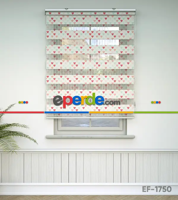 Bebek Odası Zebra -  Kalp Desenli Baskılı Zebra Perde- Çok Renkli